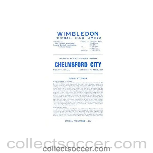 1971 - Wimbledon v Chelmsford City official programme 03/04/1971 - Collect Soccer