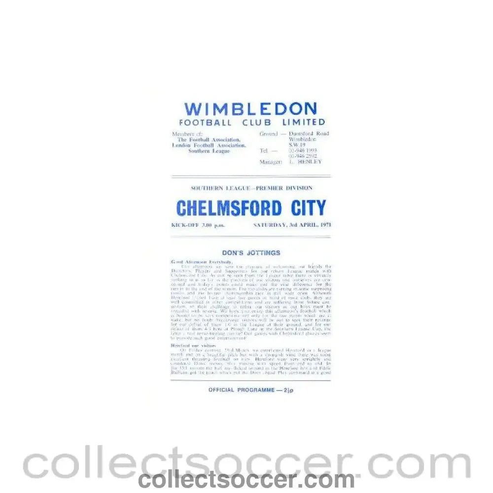 1971 - Wimbledon v Chelmsford City official programme 03/04/1971 - Collect Soccer