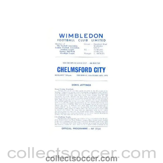 1971 - Wimbledon v Chelmsford City official programme 11/02/1971 - Collect Soccer