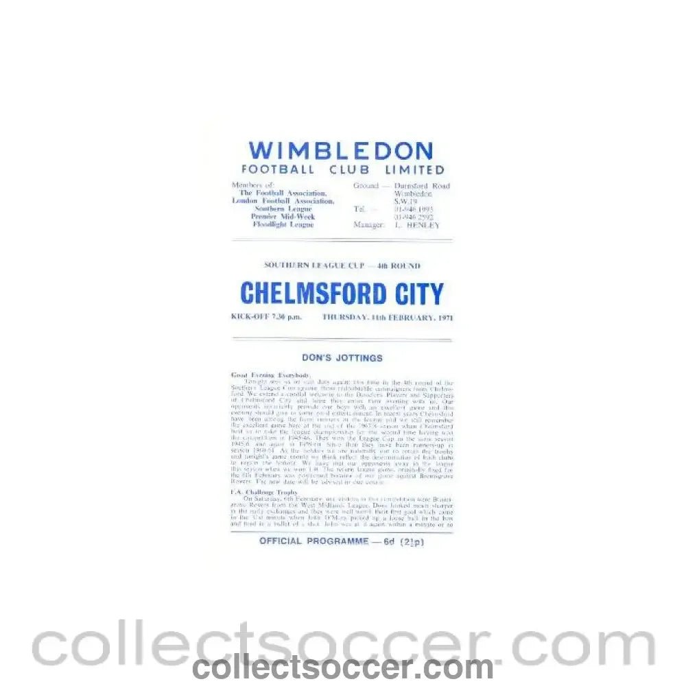 1971 - Wimbledon v Chelmsford City official programme 11/02/1971 - Collect Soccer