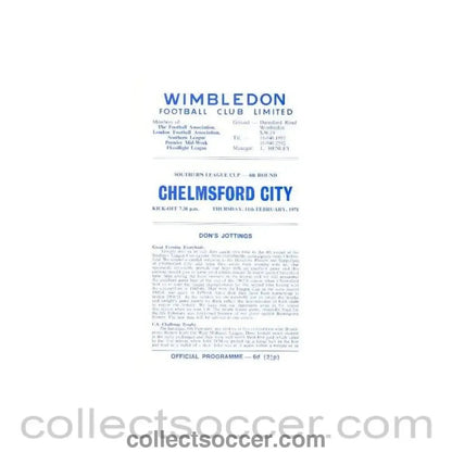 1971 - Wimbledon v Chelmsford City official programme 11/02/1971 - Collect Soccer