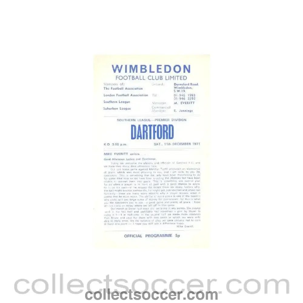 1971 - Wimbledon v Dartford official programme 11/12/1971 - Collect Soccer