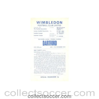 1971 - Wimbledon v Dartford official programme 11/12/1971 - Collect Soccer