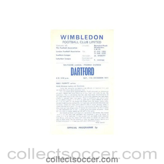 1971 - Wimbledon v Dartford official programme 11/12/1971 - Collect Soccer