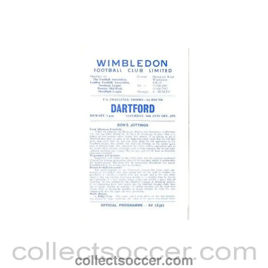 1971 - Wimbledon v Dartford official programme 16/01/1971 - Collect Soccer