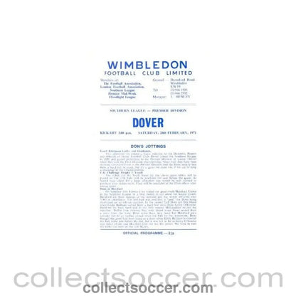 1971 - Wimbledon v Dover official programme 20/02/1971 - Collect Soccer
