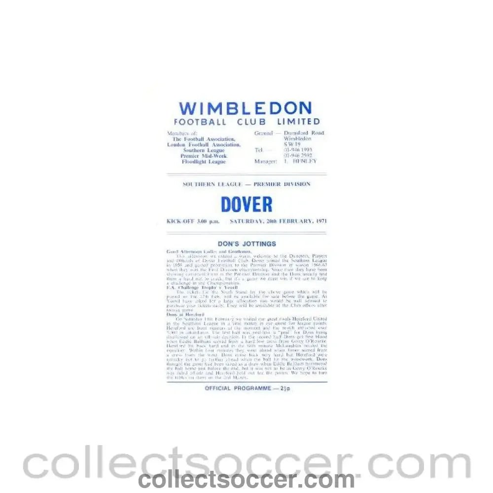 1971 - Wimbledon v Dover official programme 20/02/1971 - Collect Soccer