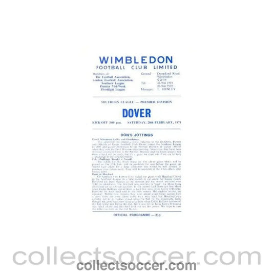 1971 - Wimbledon v Dover official programme 20/02/1971 - Collect Soccer