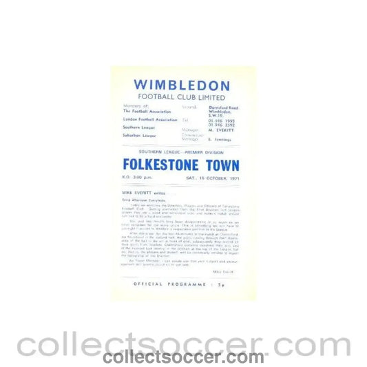 1971 - Wimbledon v Folkstone Town official programme 16/10/1971 - Collect Soccer