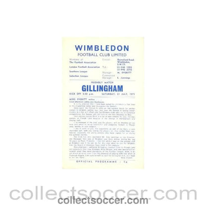 1971 - Wimbledon v Gillingham official programme 31/07/1971 - Collect Soccer