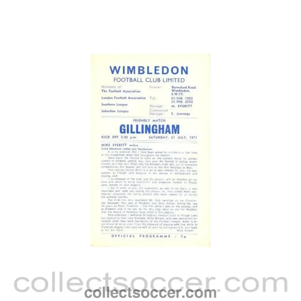 1971 - Wimbledon v Gillingham official programme 31/07/1971 - Collect Soccer