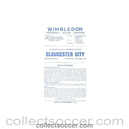 1971 - Wimbledon v Gloucester City official programme 17/04/1971 - Collect Soccer