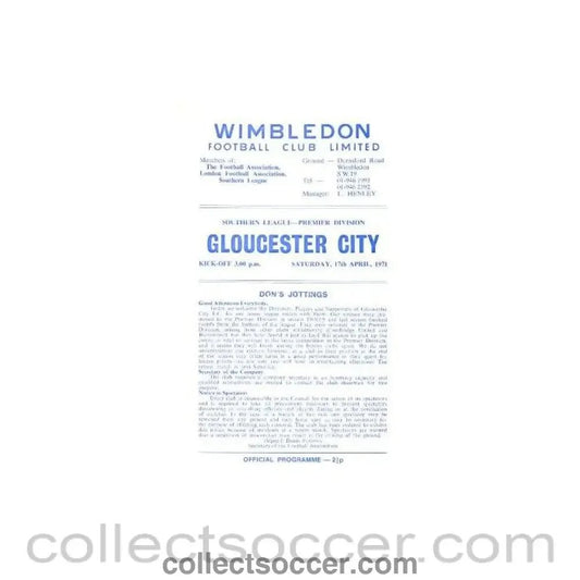1971 - Wimbledon v Gloucester City official programme 17/04/1971 - Collect Soccer