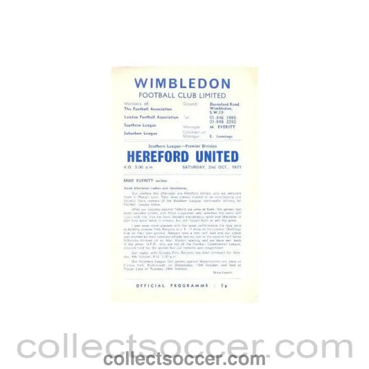 1971 - Wimbledon v Hereford United official programme 02/10/1971 - Collect Soccer