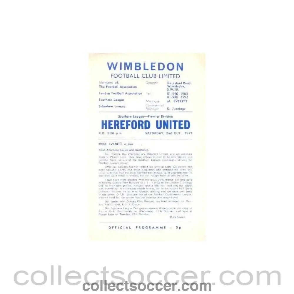 1971 - Wimbledon v Hereford United official programme 02/10/1971 - Collect Soccer