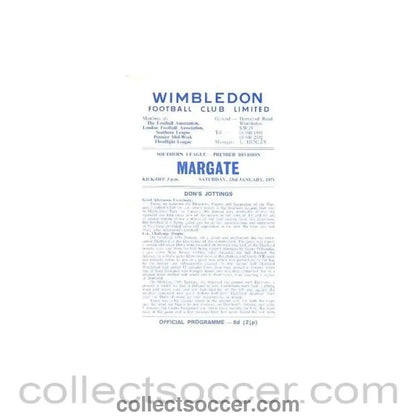 1971 - Wimbledon v Margate official programme 23/01/1971 - Collect Soccer