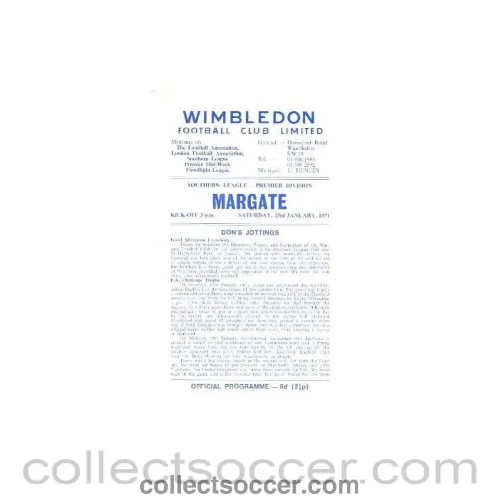 1971 - Wimbledon v Margate official programme 23/01/1971 - Collect Soccer
