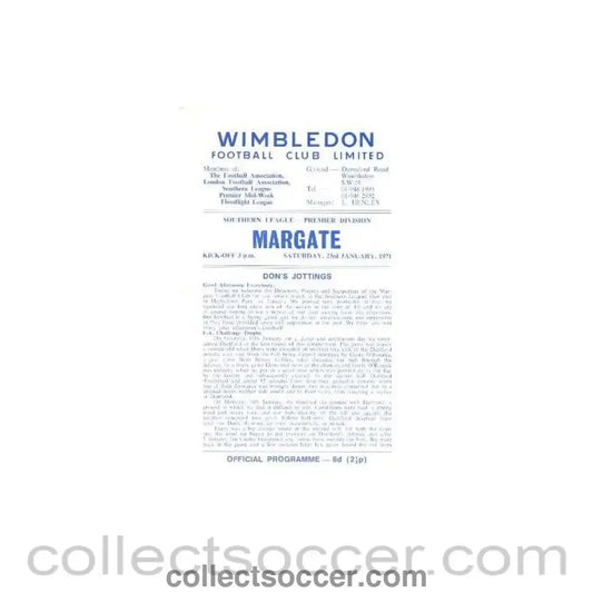 1971 - Wimbledon v Margate official programme 23/01/1971 - Collect Soccer