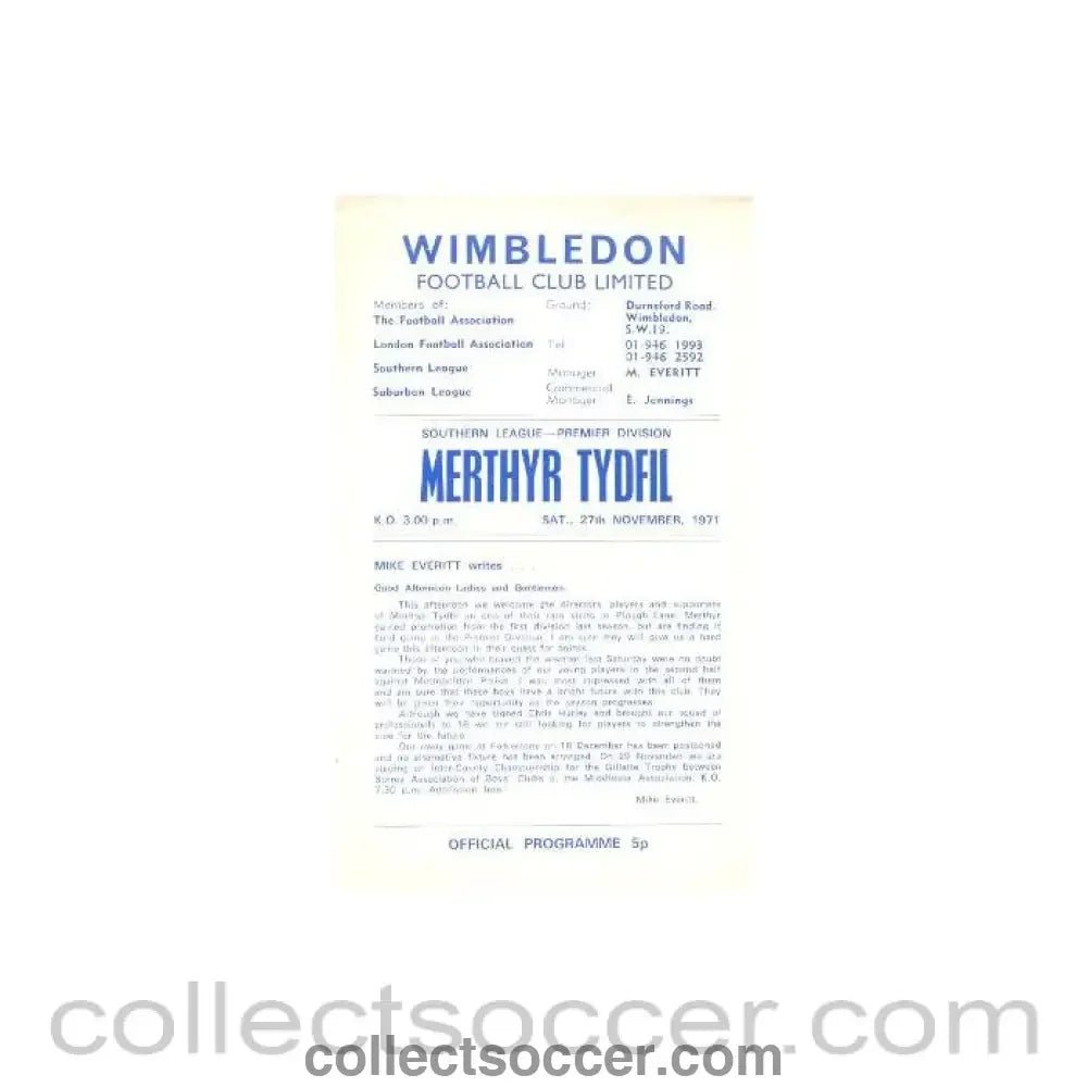 1971 - Wimbledon v Merthyr Tydfil official programme 27/11/1971 - Collect Soccer