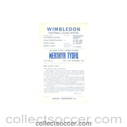1971 - Wimbledon v Merthyr Tydfil official programme 27/11/1971 - Collect Soccer