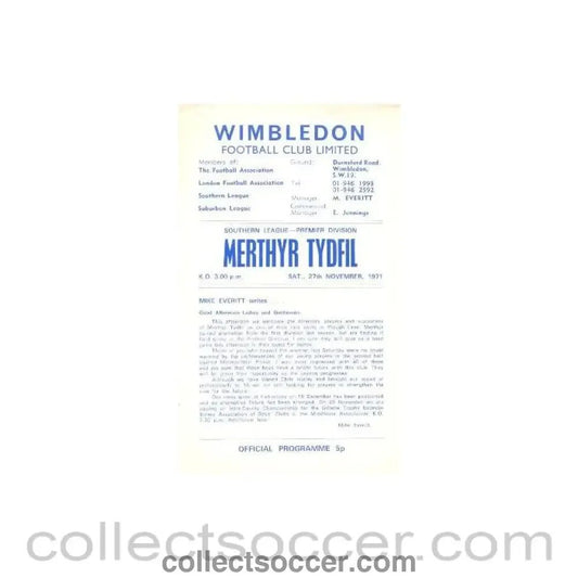 1971 - Wimbledon v Merthyr Tydfil official programme 27/11/1971 - Collect Soccer