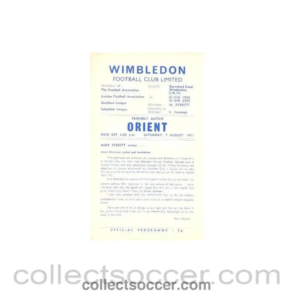 1971 - Wimbledon v Orient official programme 07/08/1971 - Collect Soccer