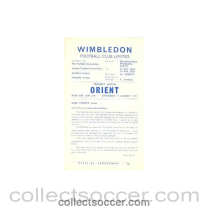 1971 - Wimbledon v Orient official programme 07/08/1971 - Collect Soccer