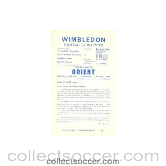 1971 - Wimbledon v Orient official programme 07/08/1971 - Collect Soccer
