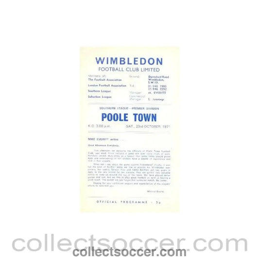 1971 - Wimbledon v Pool Town official programme 23/10/1971 - Collect Soccer
