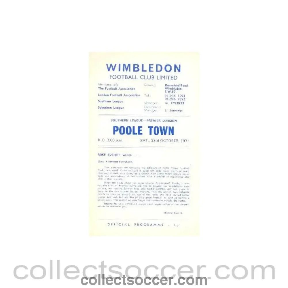 1971 - Wimbledon v Pool Town official programme 23/10/1971 - Collect Soccer