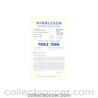 1971 - Wimbledon v Pool Town official programme 23/10/1971 - Collect Soccer