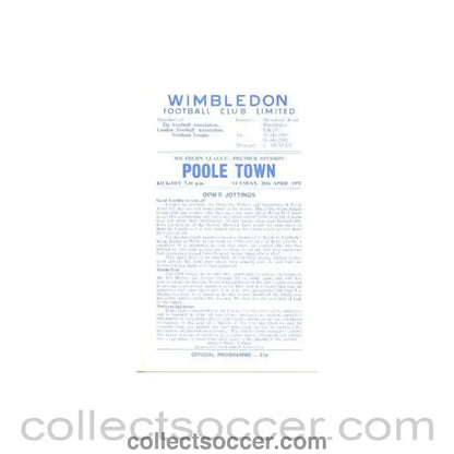 1971 - Wimbledon v Poole Town official programme 20/04/1971 - Collect Soccer