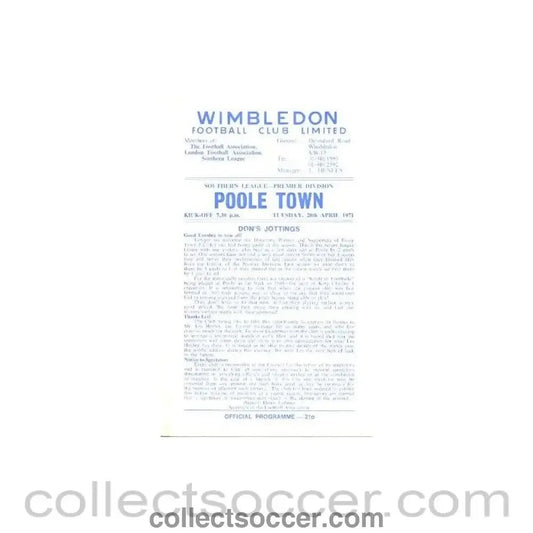1971 - Wimbledon v Poole Town official programme 20/04/1971 - Collect Soccer
