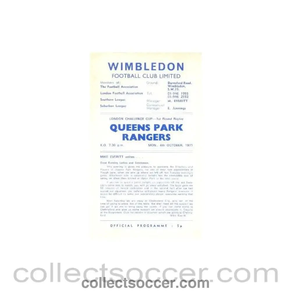 1971 - Wimbledon v Queen's Park Rangers official programme 04/10/1971 - Collect Soccer