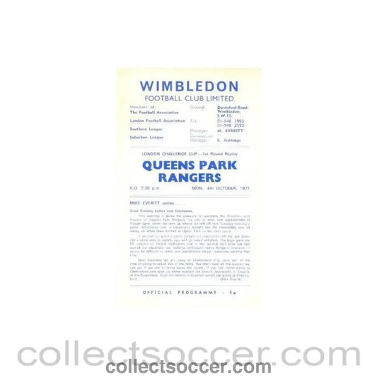 1971 - Wimbledon v Queen's Park Rangers official programme 04/10/1971 - Collect Soccer