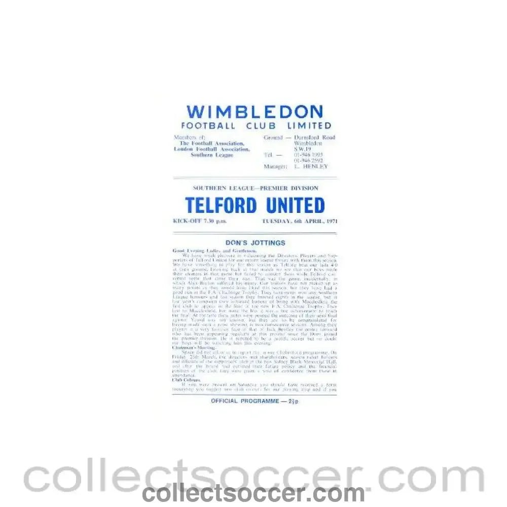 1971 - Wimbledon v Telford United official programme 06/04/1971 - Collect Soccer