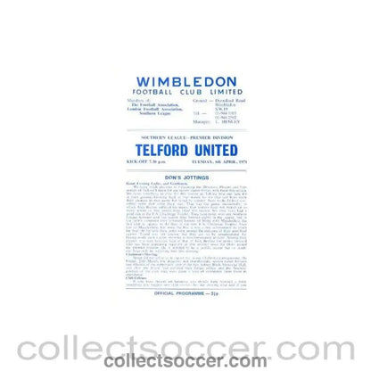 1971 - Wimbledon v Telford United official programme 06/04/1971 - Collect Soccer