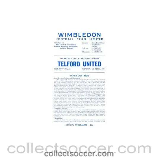 1971 - Wimbledon v Telford United official programme 06/04/1971 - Collect Soccer