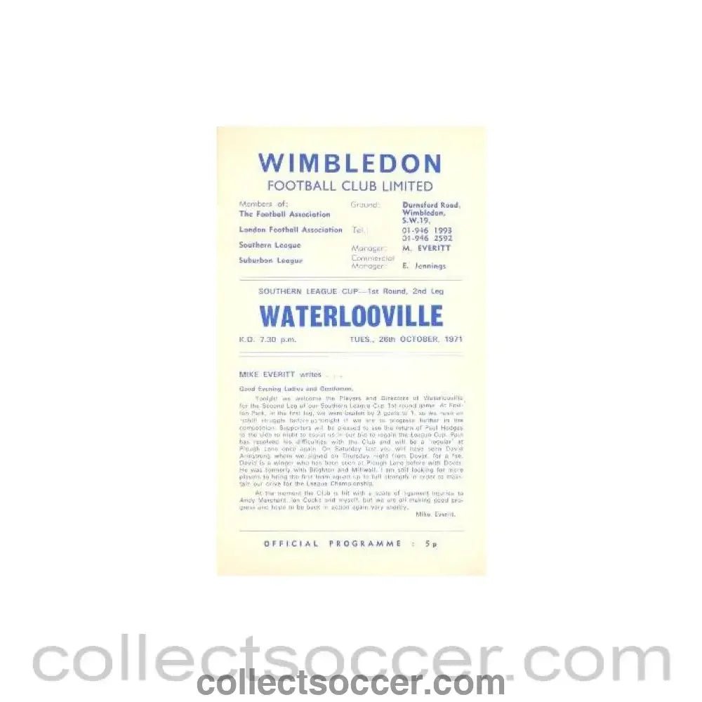 1971 - Wimbledon v Waterlooville official programme 26/10/1971 - Collect Soccer