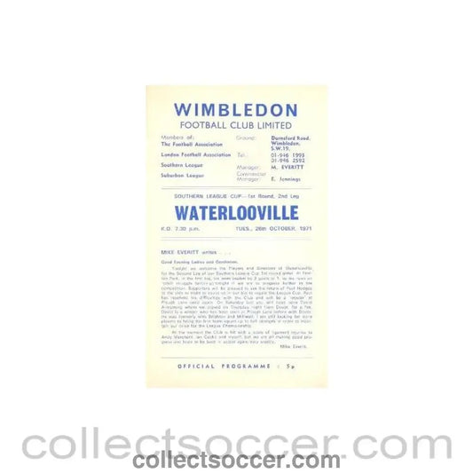 1971 - Wimbledon v Waterlooville official programme 26/10/1971 - Collect Soccer