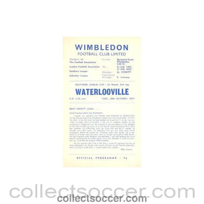 1971 - Wimbledon v Waterlooville official programme 26/10/1971 - Collect Soccer