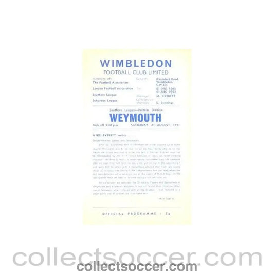 1971 - Wimbledon v Weymouth official programme 21/08/1971 - Collect Soccer