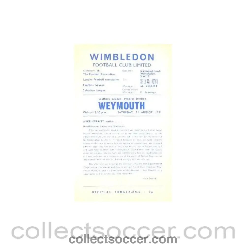 1971 - Wimbledon v Weymouth official programme 21/08/1971 - Collect Soccer