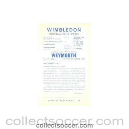 1971 - Wimbledon v Weymouth official programme 21/08/1971 - Collect Soccer
