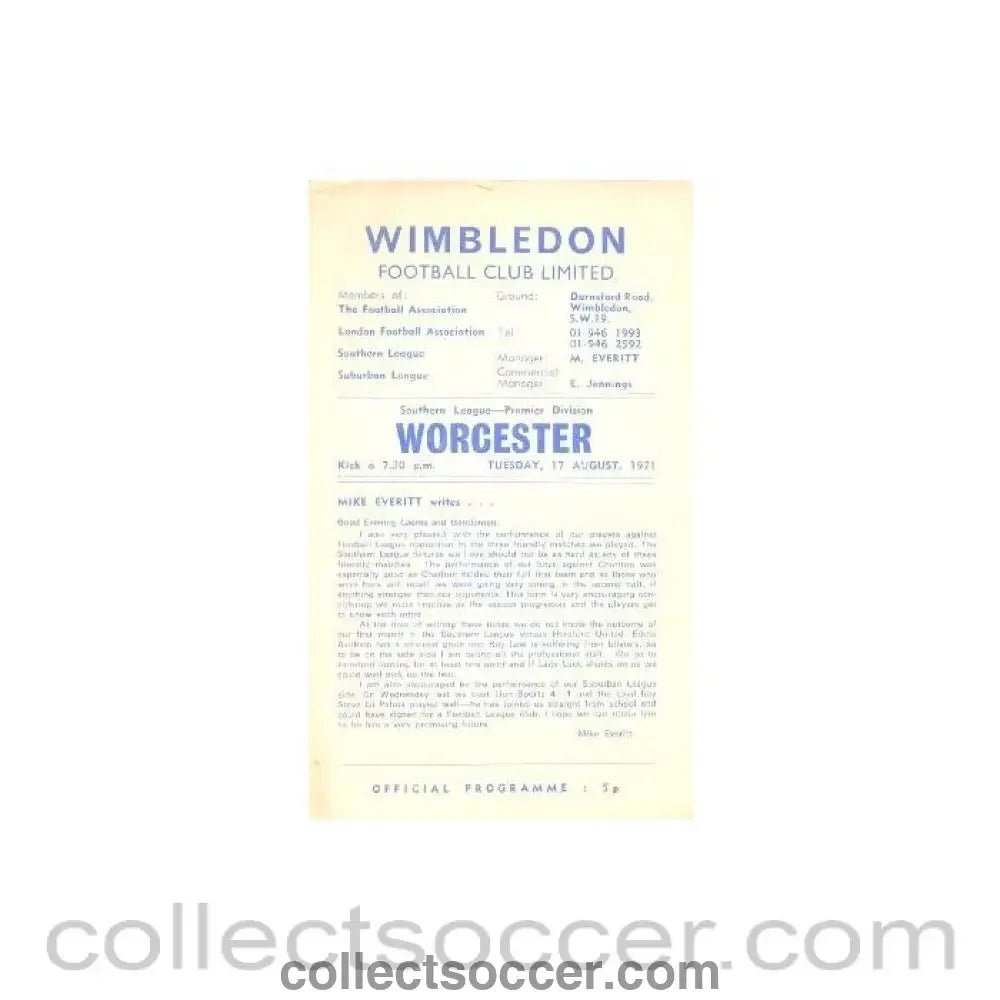 1971 - Wimbledon v Worcester official programme 17/08/1971 - Collect Soccer