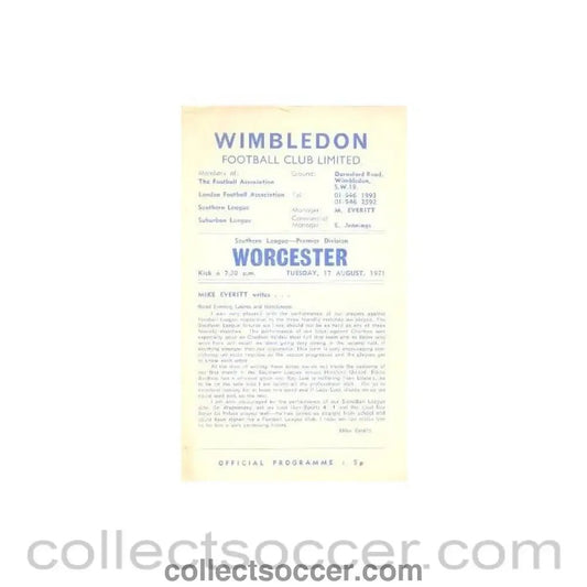 1971 - Wimbledon v Worcester official programme 17/08/1971 - Collect Soccer
