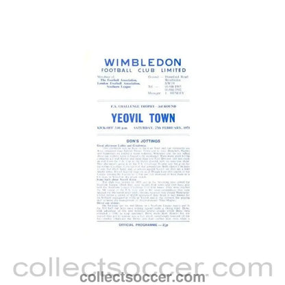 1971 - Wimbledon v Yeovil Town official programme 27/02/1971 - Collect Soccer