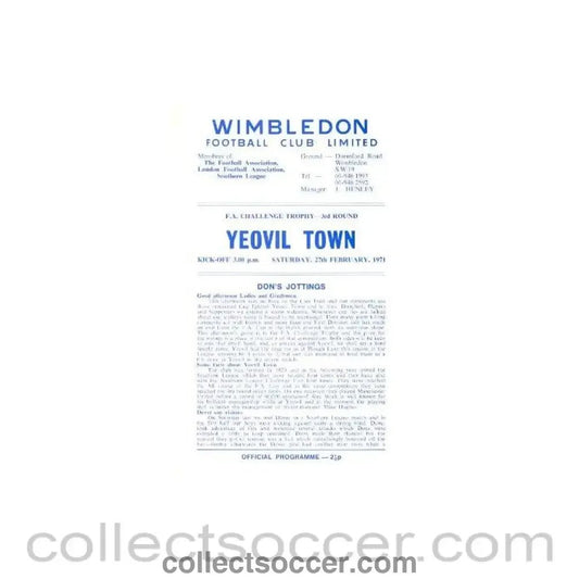 1971 - Wimbledon v Yeovil Town official programme 27/02/1971 - Collect Soccer