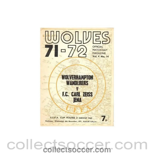 1971 - Wolverhampton Wanderers v Carl Zeiss Jena, East Germany official programme 08/12/1971 - Collect Soccer