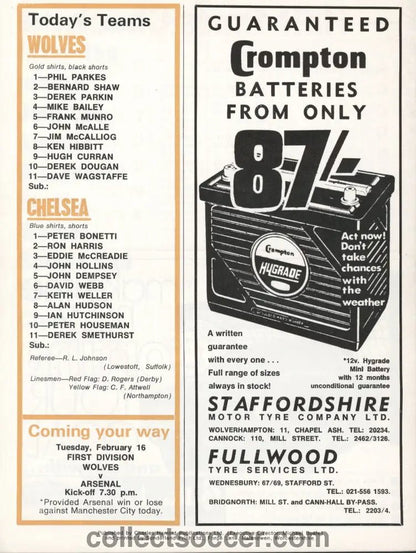 1971 Wolverhampton Wanderers v Chelsea official programme 13/02/1971 - Collect Soccer